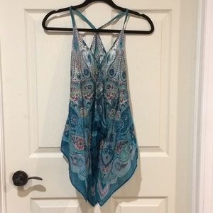 Boho silk top, multi-coloured, mostly turquoise.